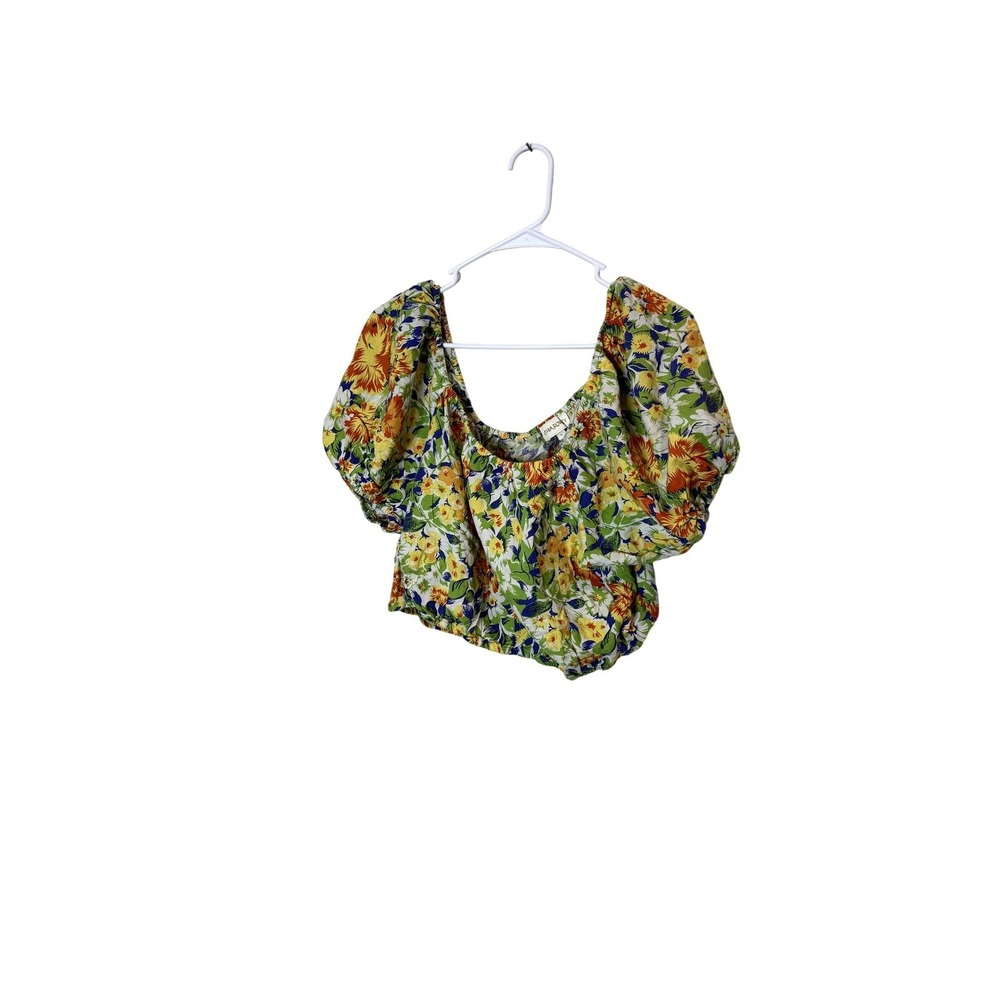 Cynthia Rowley‎ Blouse Womens Large Multicolor Floral Puff Sleeve Cropped Top